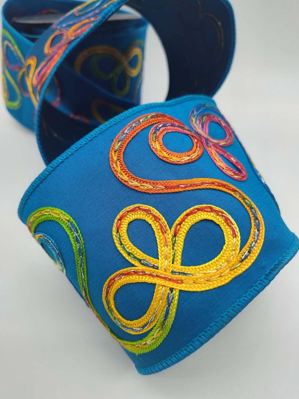 FARRISILK Embroidered Cord Ribbon Blue Multicolor Wired 4" 10 Yards NWT - Picture 3 of 6